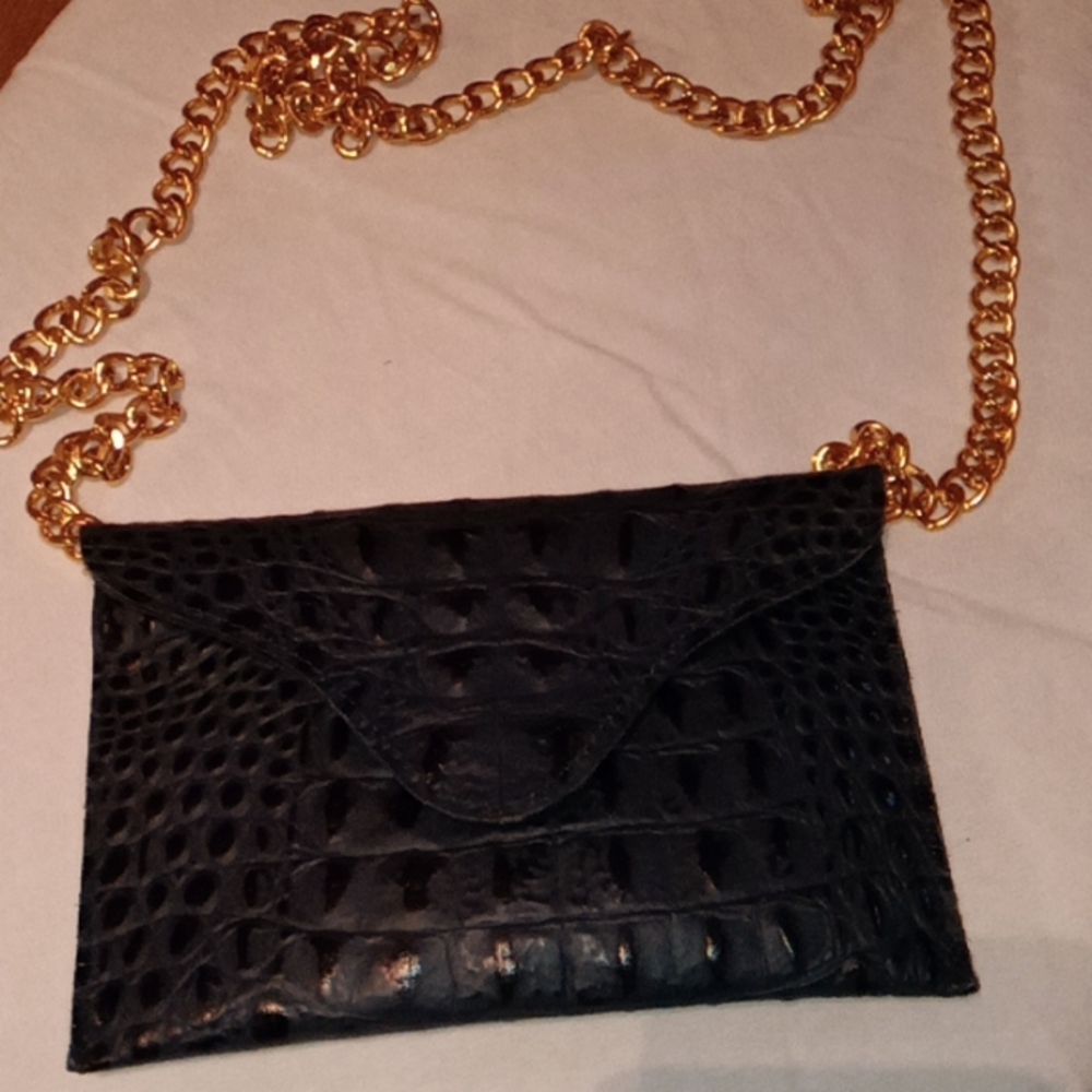 JJ WINTERS Stylish MILEY LEATHER Faux ALLIGATOR Chain Navy Crossbody Purse/Bag